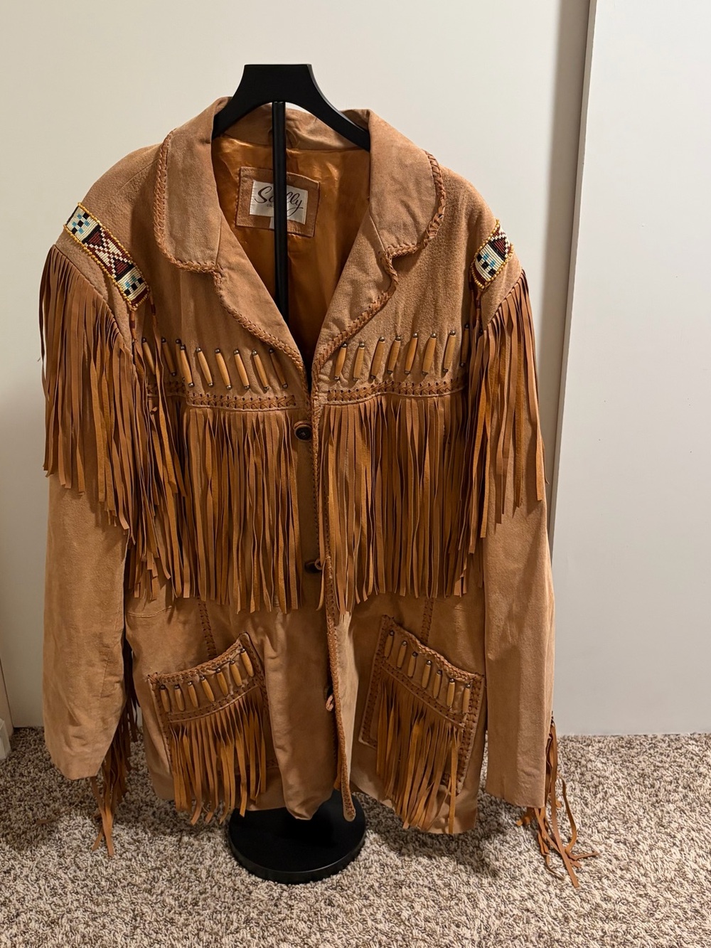 Scully Brown Suede Fringe Leather Jacket with Beaded Shoulder Detail